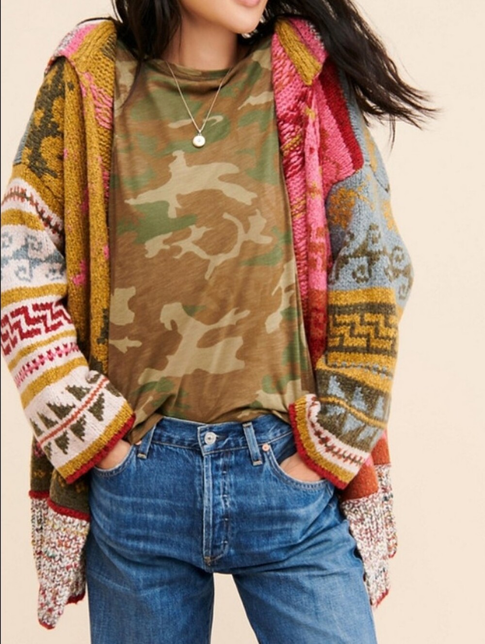 Free People Canyon Vibes Chunky Multicolor Boho Open Cardigan Oversized Sz XS/S